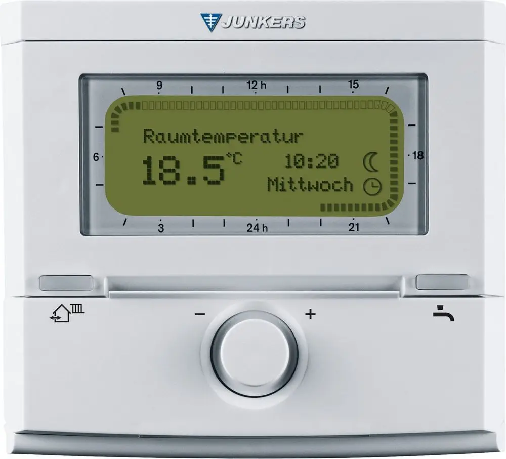 Thermostat von Bosch mit digitalem Display, zeigt die aktuelle Raumtemperatur von 18.5°C, Uhrzeit und Wochentag an. Bedienelemente sind unterhalb des Displays angeordnet.